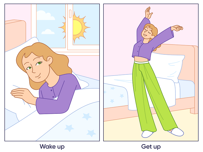 Комикс для статьи «Wake up или get up — в чем разница»