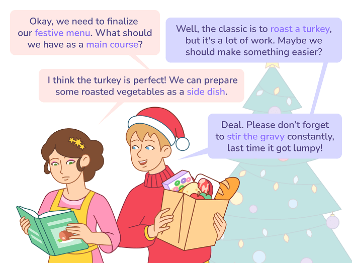 Комикс 1 для статьи «Готовим праздничный ужин: кулинарная лексика для Нового года»