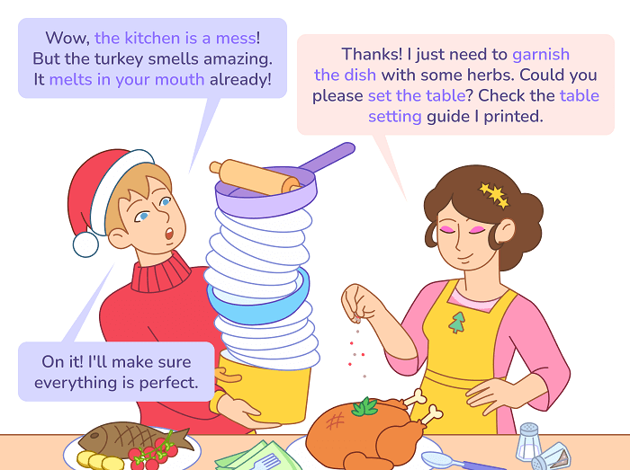 Комикс 2 для статьи «Готовим праздничный ужин: кулинарная лексика для Нового года»: Кухня превратилась в поле боя