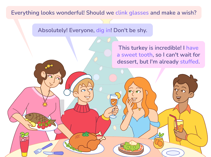 Комикс 3 для статьи «Готовим праздничный ужин: кулинарная лексика для Нового года»: Тост за успех