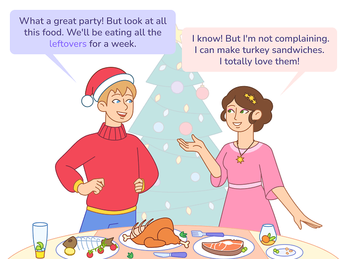 Комикс 4 для статьи «Готовим праздничный ужин: кулинарная лексика для Нового года»: Что делать с остатками?